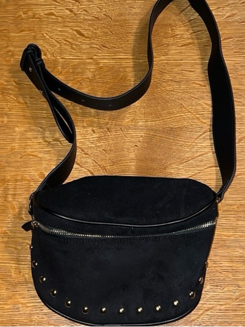 Black Suede Crossbody Bag with Stud Accents